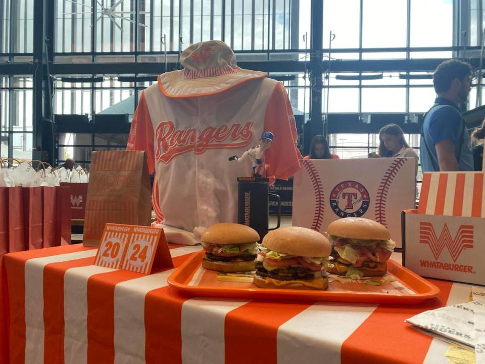 The iconic Whataburger in front of a Whataburger Rangers jersey.
