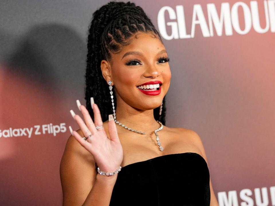 Halle Bailey poses for photographers upon arrival at the Glamour Women of the Year Awards 2023 on Tuesday, Oct. 17, 2023 in London.