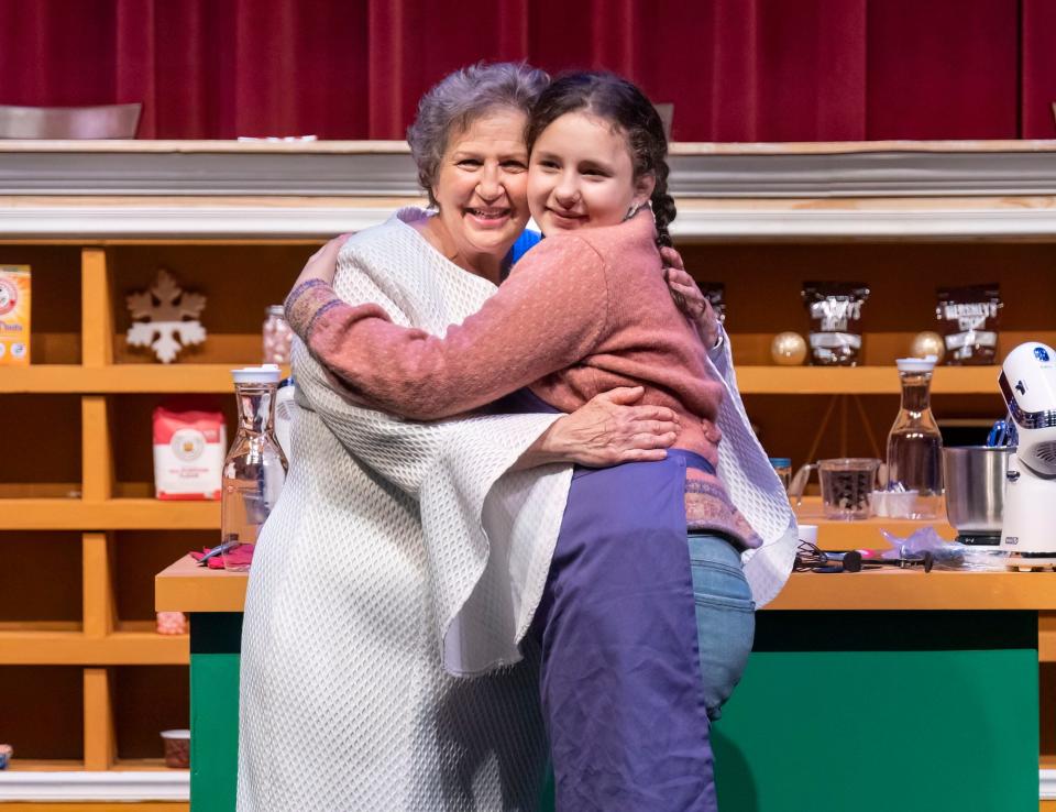 Dec 5, 2022; Tuscaloosa, Alabama, USA;  Carol DeVelice (left) and Olivia Molina rehearse a scene from the Theatre Tuscaloosa production of the Great Cookie Bake-Off.