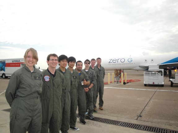 Members of the UCSD Microgravity Team await their first weightless flight on Zero Gravity Corporation's G-Force One jet on July 19, 2013, during NASA's Microgravity University weightless flight week. The University of California, San Diego team