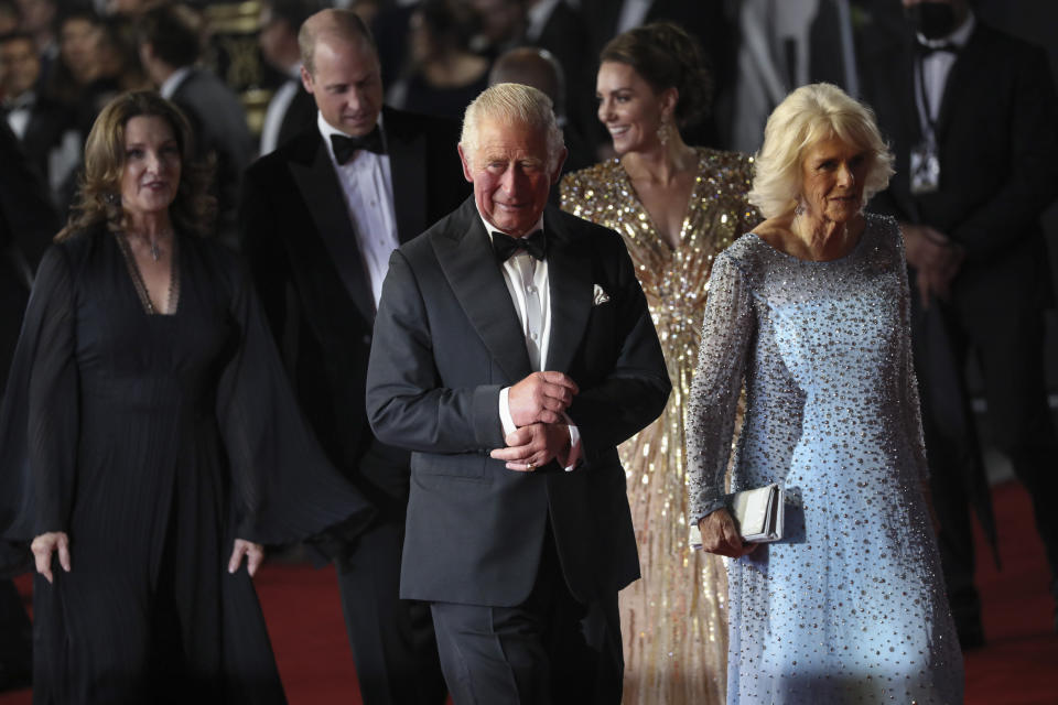 Britain's Prince Charles, front centre and his wife Camilla the Duchess of Cornwall, front right, Barbara Broccoli, from back left, Britain's Prince William and his wife Kate the Duchess of Cambridge arrive for the World premiere of the new film from the James Bond franchise 'No Time To Die', in London Tuesday, Sept. 28, 2021. (Photo by Vianney Le Caer/Invision/AP)