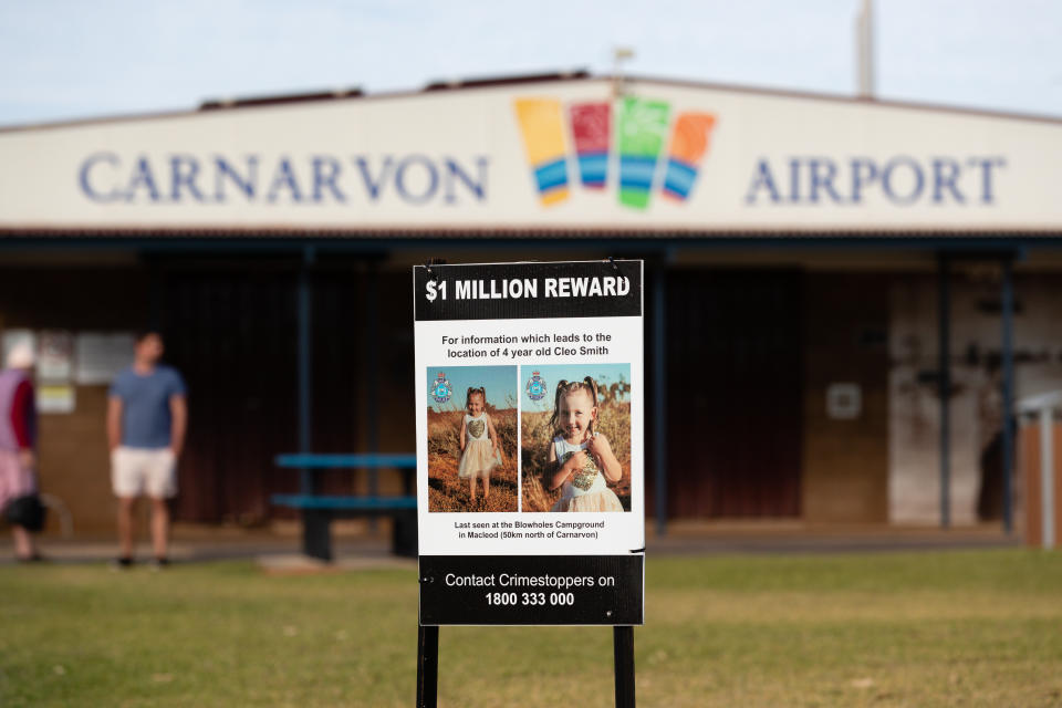 A poster offering a $1 million reward for information about missing girl Cleo Smith (4) still stands outside Carnarvon airport, 900km north of the capital Perth in Western Australia, Wednesday, November 3, 2021.