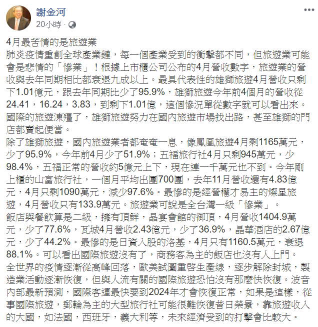 謝金河提到，除了雄獅旅遊，國內旅遊業者也都奄奄一息。   圖：翻攝自謝金河臉書