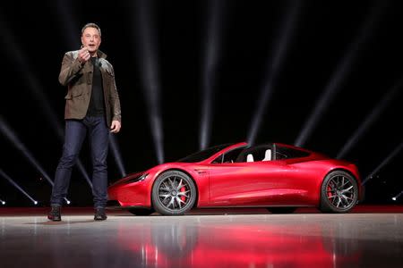 Tesla CEO Elon Musk unveils the Roadster 2 during a presentation in Hawthorne, California, U.S., November 16, 2017. Tesla/Handout via REUTERS/Files