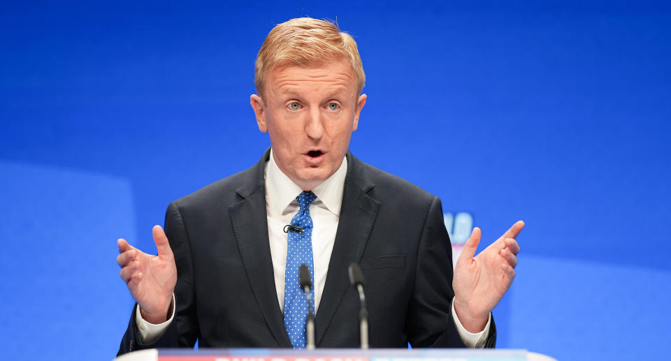 Co-Chairman of the Conservative Party Oliver Dowden speaks during day one of the annual party conference at Manchester Central on October 03, 2021 in Manchester, England. Source: Getty Images