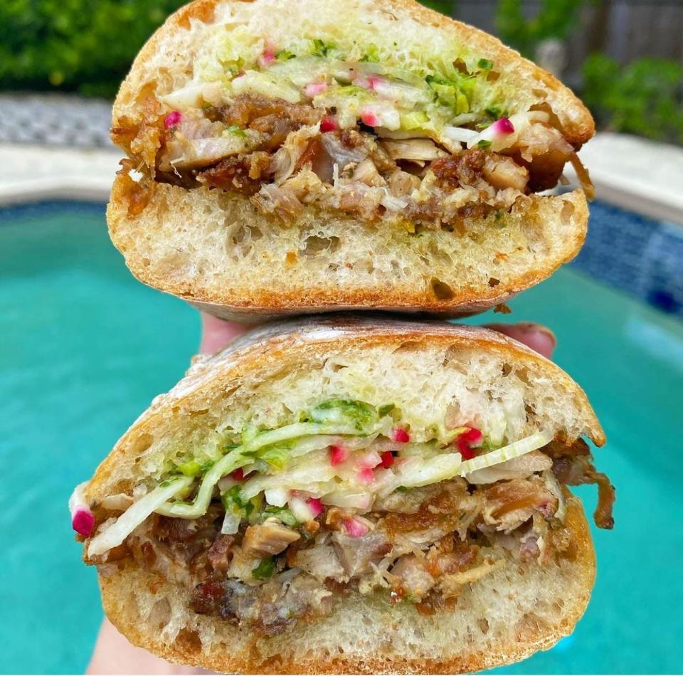Delicious for takeout: The specialty porchetta sandwich at The Butcher and the Bar restaurant and market in Boynton Beach.