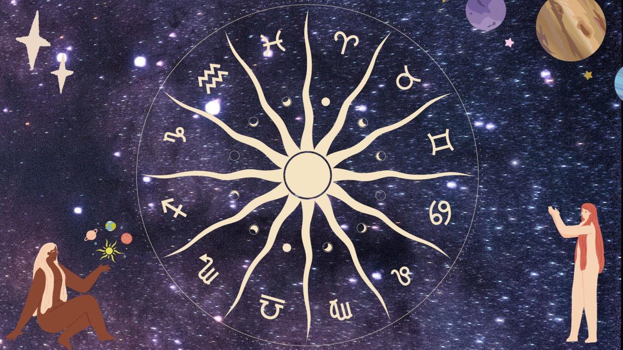  Image of the zodiac against a starry sky with illustrations of women in front of it. 