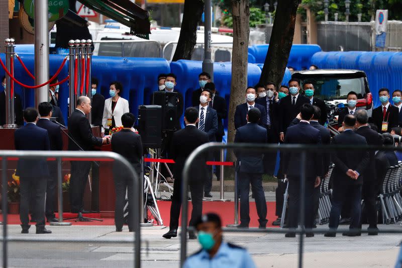 Chief of national security agency Zheng Yanxiong speaks during the opening ceremony of a temporary national security office, in Hong Kong