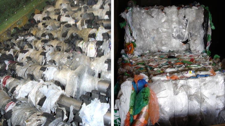 <span class="article__caption">Left: When plastic bags make their way into the single-stream recycling system, they tangle up in the machinery and wreak havoc. Right: When properly recycled, plastic bags get baled and sold to recyclers.</span> (Photo: Boulder Country Recycling Center)