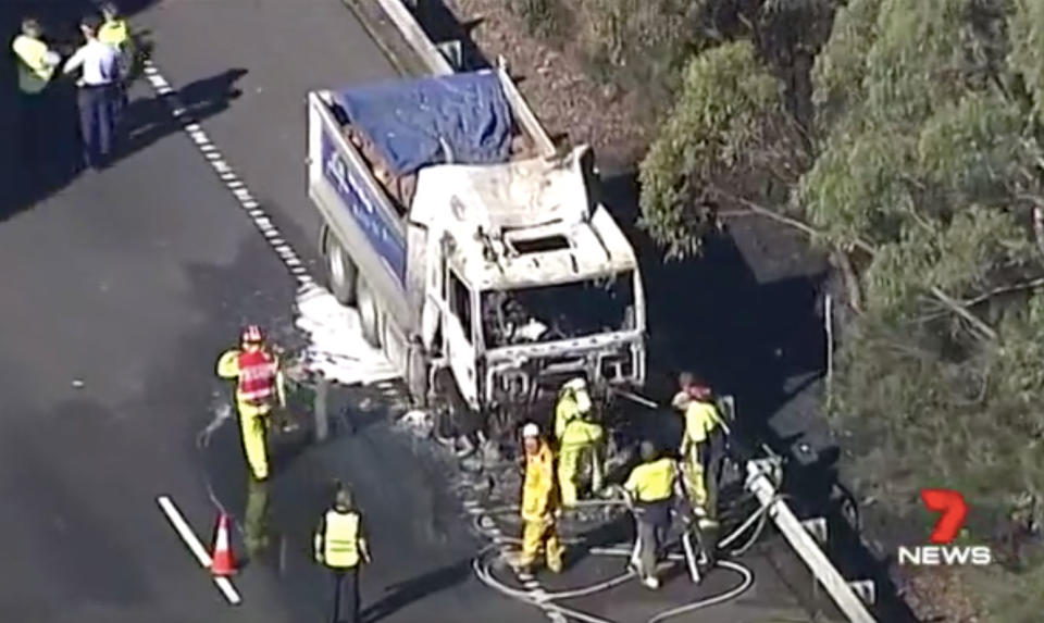 Traffic in both directions was brought to a standstill as fire crews worked to bring things under control. Source: 7 News
