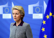 President of the European Commission Ursula von der Leyen speaks during a media conference at EU headquarters in Brussels, Thursday, Aug. 27, 2020. The European Commission president said Thursday her team could face a reshuffle after the resignation of the Irish trade Commissioner, Phil Hogan, over a controversy involving his questionable adherence to COVID-19 rules. (Francois Walschaerts, Pool Via AP)