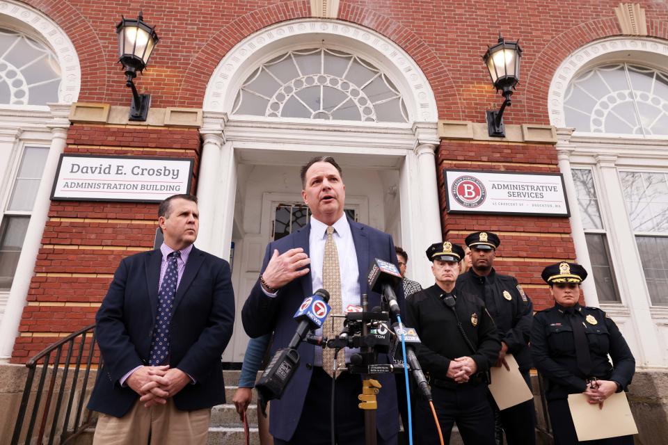 Brockton Public School Superintendent Michael Thomas speaks at a press conference about the stabbing inside the Brockton Therapeutic Day School outside the Brockton Public Schools Crosby Administration Building on Thursday, March 16, 2023.