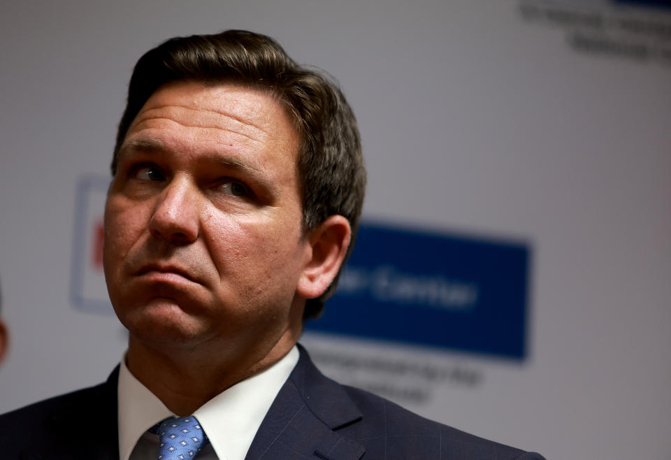 Florida Gov. Ron DeSantis speaks during a press conference at the University of Miami Health System on May 17 in Miami. 