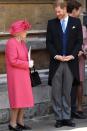 <p>Prince Harry talks with his grandmother at the wedding of Lady Gabriella Windsor and Thomas Kingston at St George's Chapel. </p>