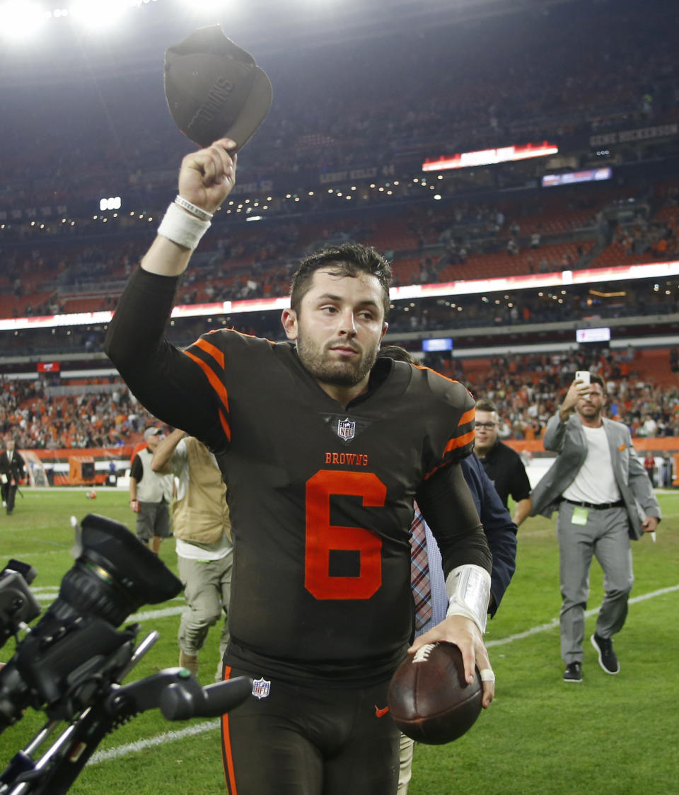 Cleveland Browns quarterback Baker Mayfield runs off the field after the Browns defeated the New York Jets 21-17 in an NFL football game Thursday, Sept. 20, 2018, in Cleveland. (AP Photo/Ron Schwane)