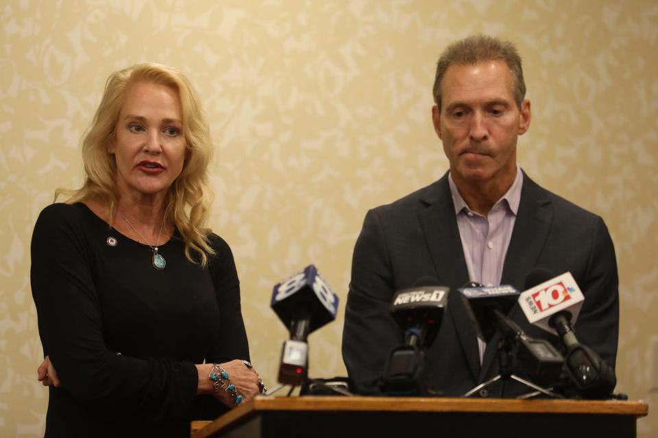 Mary Znidarsic-Nicosia and her husband, Nicholas Nicosia hold a press conference with their lawyer, Corey Hogan, at the Hilton Garden Inn in Pittsford, NY on August 23, 2022.