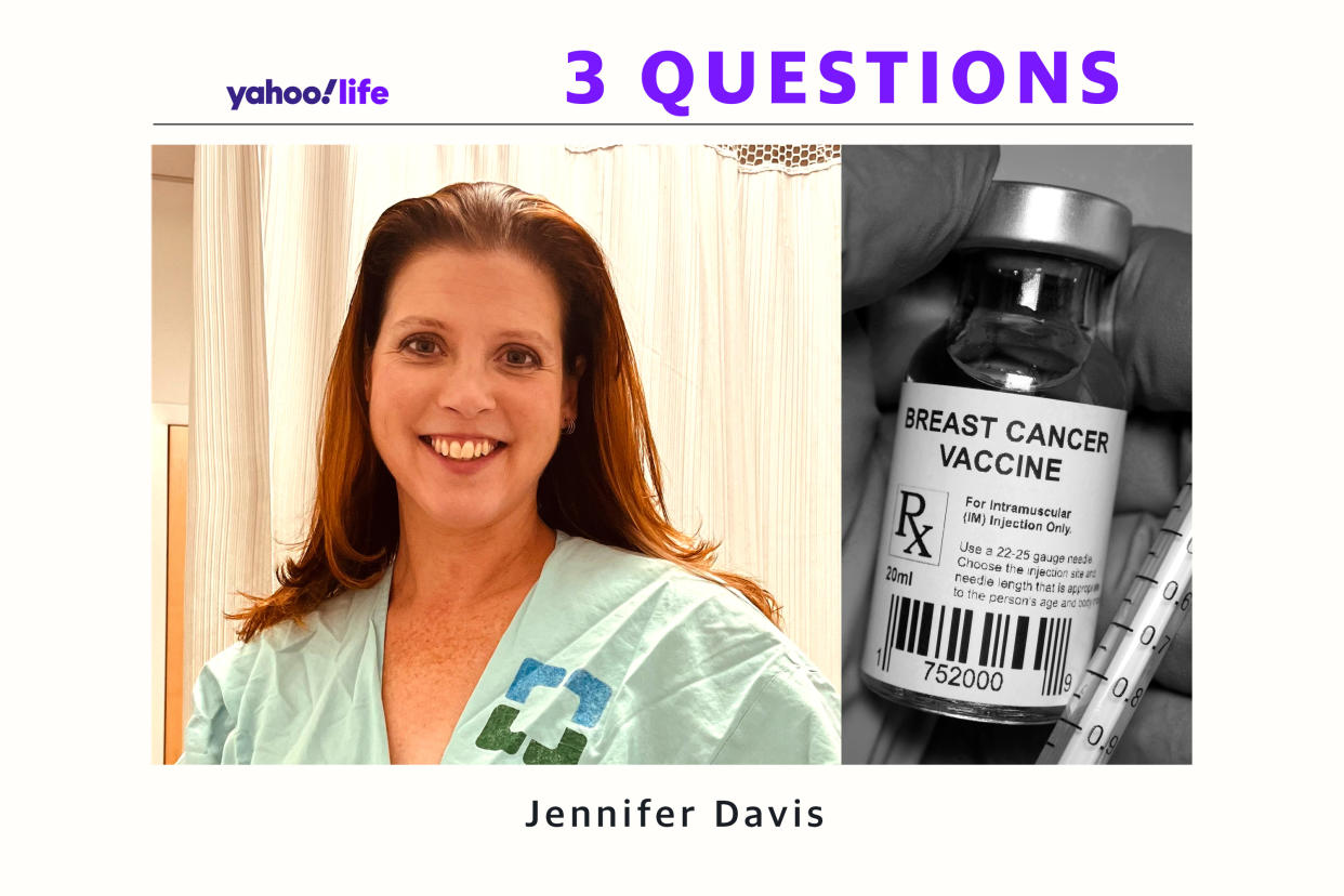 Two photos show Jennifer Davis, the first person in the world to receive the breast cancer vaccine, and a bottle of the vaccine.