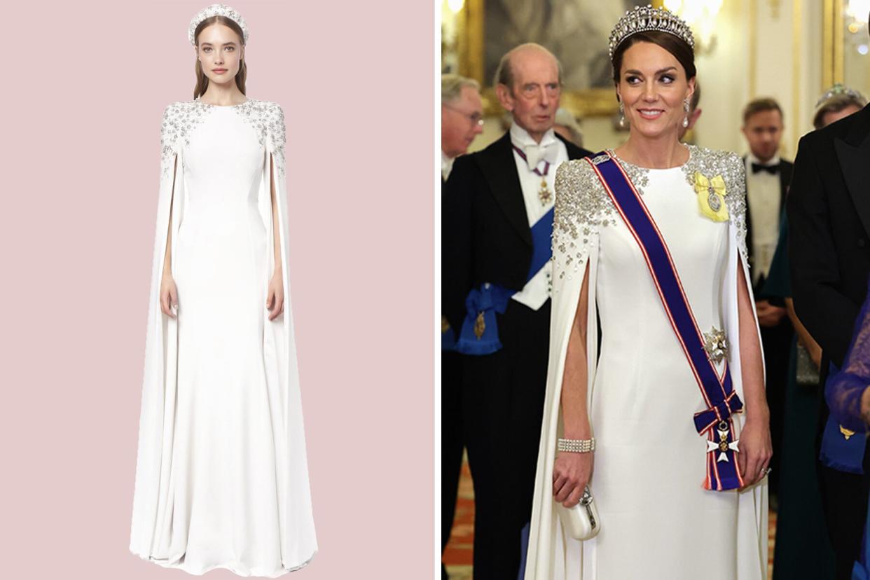 Composite image of Kleinfeld dress and Kate Middleton at State Banquet 2022 | Catherine, Princess of Wales during the State Banquet at Buckingham Palace on November 22, 2022 in London, England. This is the first state visit hosted by the UK with King Charles III as monarch, and the first state visit here by a South African leader since 2010.