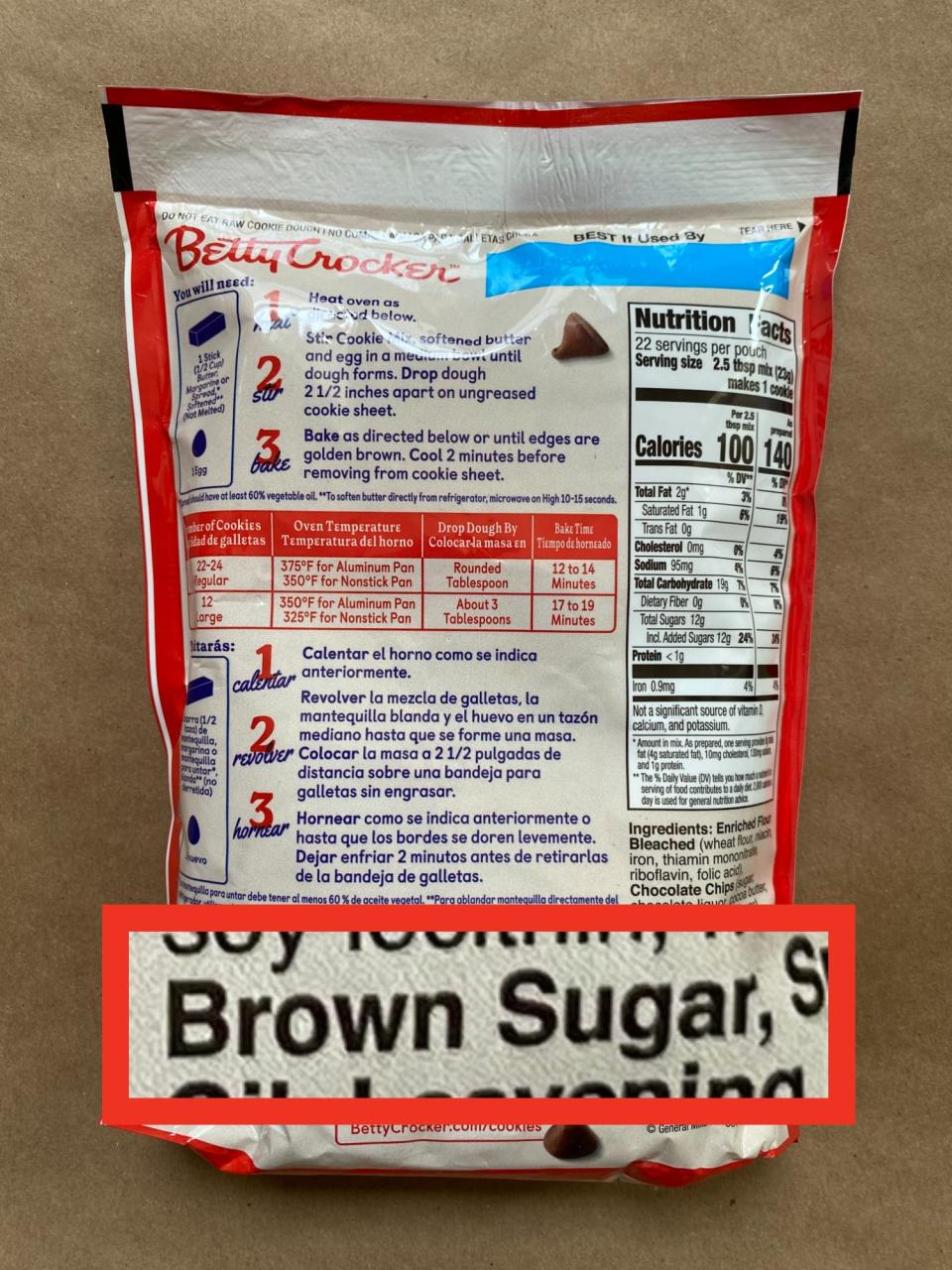 Back of a Betty Crocker chocolate chip cookie mix package with step-by-step baking instructions, ingredient list, and nutritional information