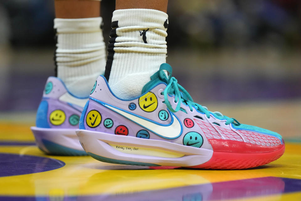 Sep 11, 2024; Los Angeles, California, USA; The Nike shoes worn by Seattle Storm center Mercedes Russell in the first half against the LA Sparks at Crypto.com Arena. Mandatory Credit: Kirby Lee-Imagn Images