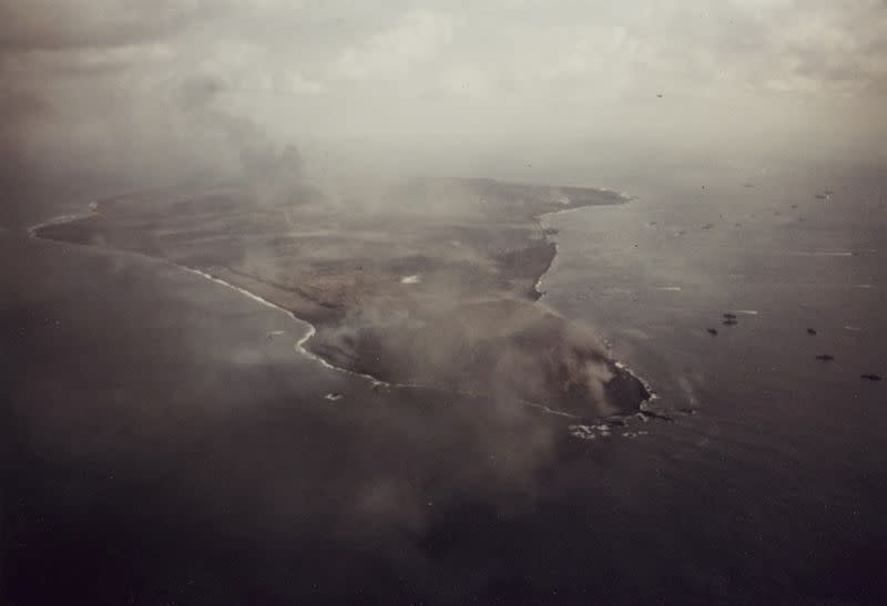 Iwo Jima under fire during the pre-landing bombardment