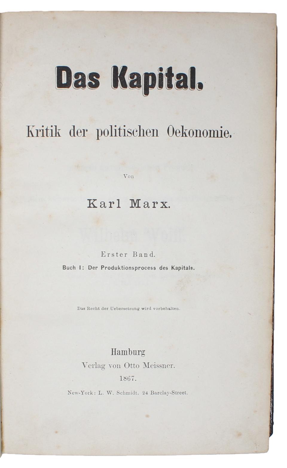 Hamburg, Otto Meisner, 1867. 8vo. Nice contemporary blackhalf calf with gilt spine. Minor wear to hinges and capitals, which have tiny, barely noticeable professional restorations. Inner hinges re-enforced. Contemporary owner's names (Emil Kirchner and Karl Kirchner (1887)) to front free end-paper. Contemporary book-plate to inside of front board (Ernst Ferdinand Kirchner). A very nice copy with just the slightest of occasional brown spotting. Housed in a very nice custom-made black full morocco box with gilt lettering to spine. XII, 784 pp.