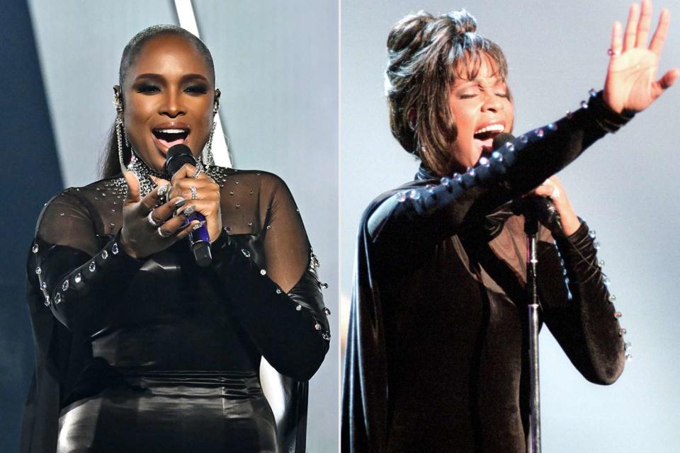 <p>Michael Buckner/Penske Media via Getty; AP Photo/Mark J. Terrill</p> Jennifer Hudson pays tribute to Whitney Houston with recreation of her 1994 AMAs dress