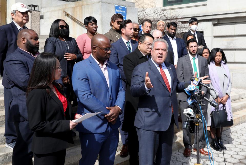 Yonkers Mayor Mike Spano delivers remarks during a press conference at Yonkers City Hall, March 15, 2022. 