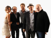 NEW YORK, NY - APRIL 25: (L-R) Actress Jamie Chung, writer Chris Lehane, actor Rob Lowe, actor Richard Schiff and filmmaker Bill Guttentag of the film 'Knife Fight' visit the Tribeca Film Festival 2012 portrait studio at the Cadillac Tribeca Press Lounge on April 25, 2012 in New York City. (Photo by Larry Busacca/Getty Images)