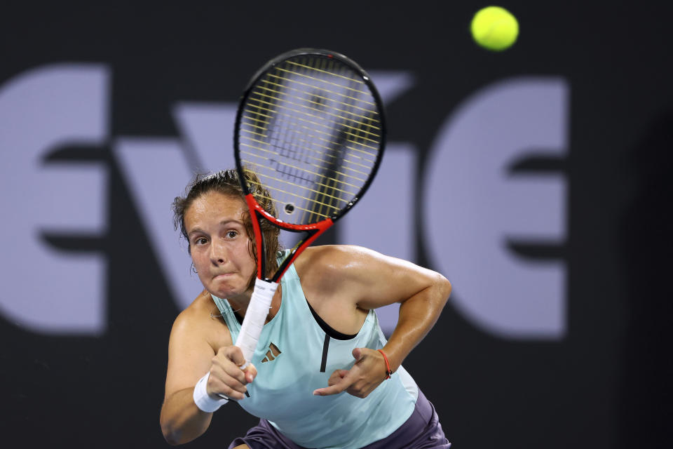 Daria Kasatkina of Russia plays a shot in her quarter-final match against Aryna Sabalenka of Belarus during the Brisbane International tennis tournament in Brisbane, Australia, Friday, Jan. 5, 2024. (AP Photo/Tertius Pickard)