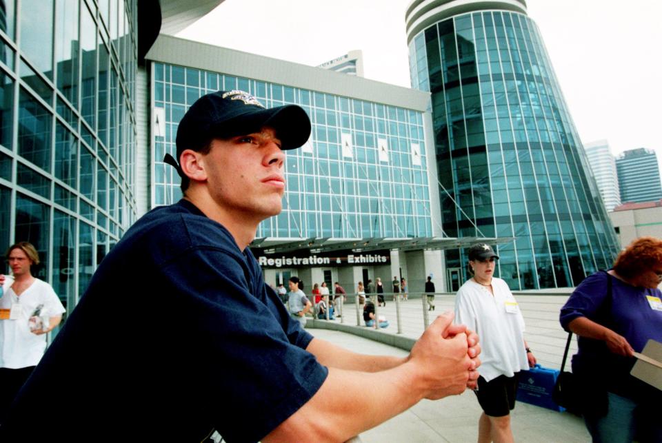 New Nashville Predators first draft choice, David Legwand, scans the skyline after arriving at the Nashville Arena on his first day in town July 11, 1998. Conditioning workouts start this week for many of the new team members.