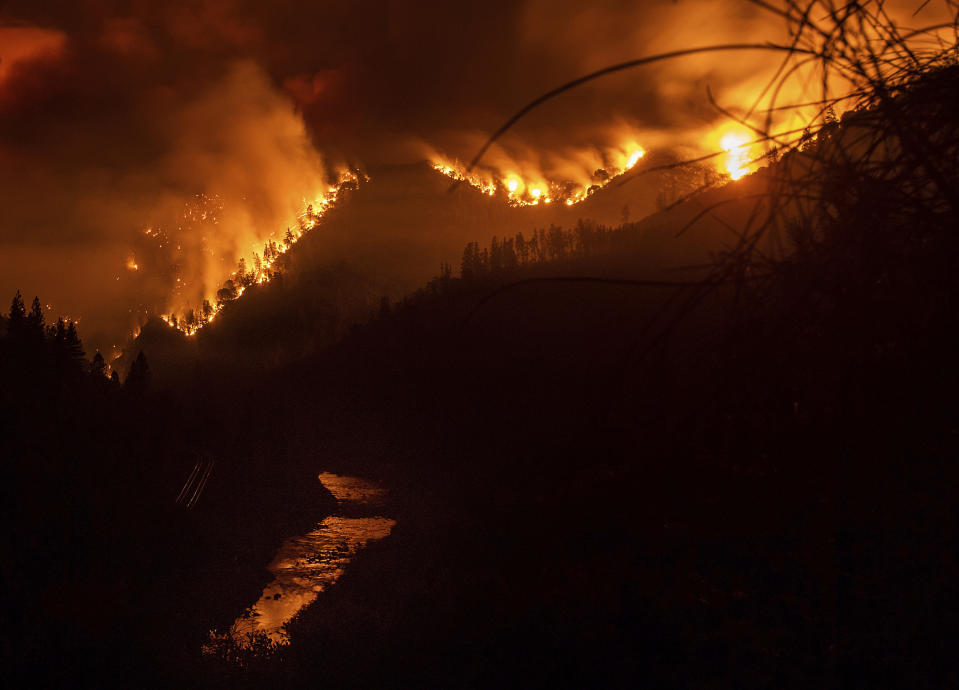 The Delta Fire burns in the Shasta-Trinity National Forest, Calif., on Wednesday, Sept. 5, 2018. Fire officials say the wildfire roaring through timber and brush in Northern California tripled in size overnight, prompting mandatory evacuations. (AP Photo/Noah Berger)