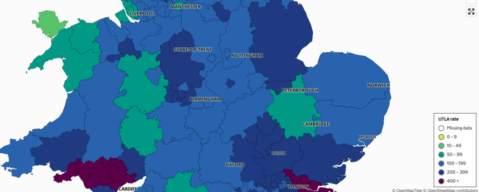 Upper Tier Local Authority rates across central and east England. (Open Street Map)