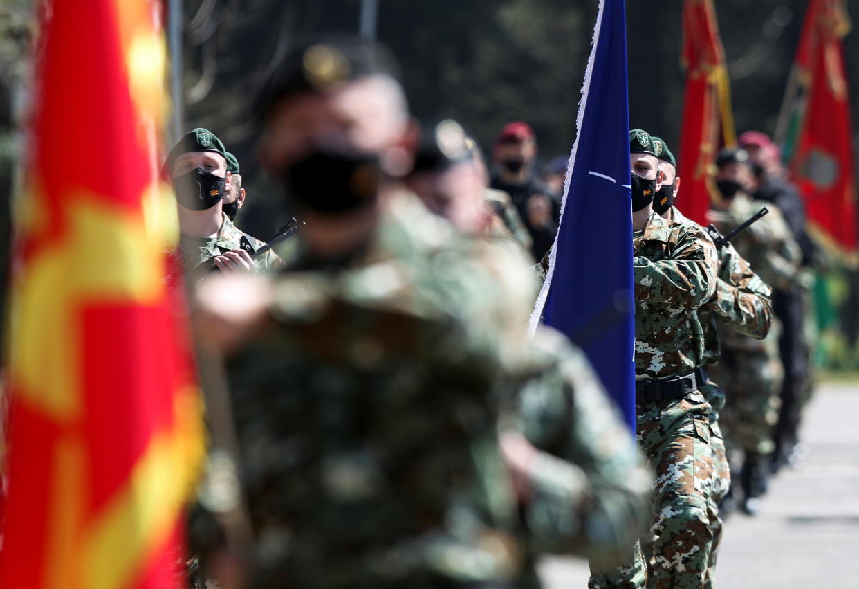 Macedonian Army special forces participate in an exercise attended by U.S. Admiral Robert P. Burke and North Macedonia's Defence Minister Radmila Sekerinska, at the army barracks in Skopje, to mark one year of NATO membership, in North Macedonia, March 27, 2021. REUTERS/Ognen Teofilovski
