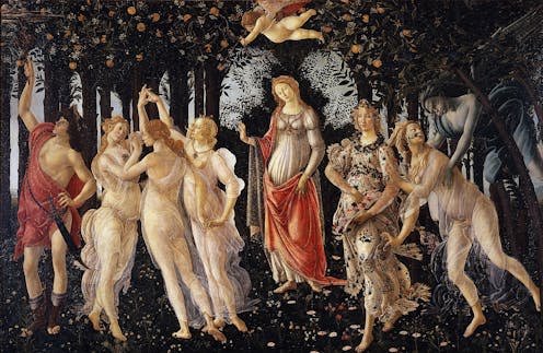 <span class="caption">La Primavera by Sandro Botticelli, 1480.</span> <span class="attribution"><a class="link " href="https://commons.wikimedia.org/wiki/File:Botticelli-primavera.jpg" rel="nofollow noopener" target="_blank" data-ylk="slk:Uffizi;elm:context_link;itc:0;sec:content-canvas">Uffizi</a></span>