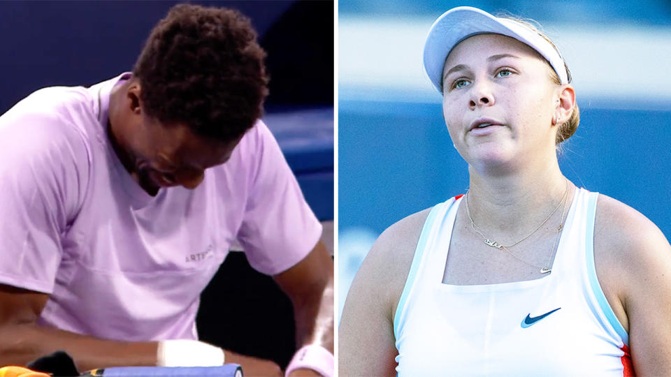 Gael Monfils in pain after retiring at the Miami Open and Amanda Anisimova reacts during a match.