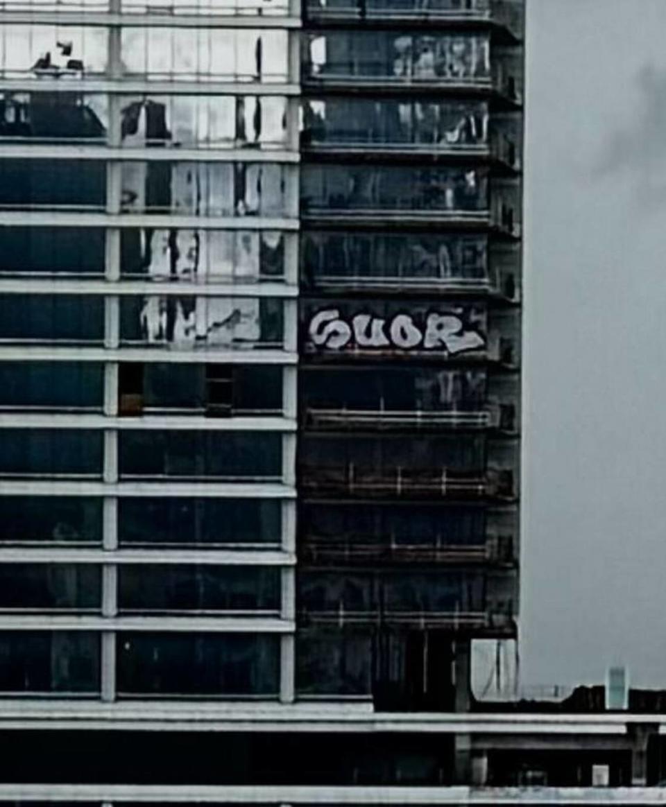 It took a month for taggers to focus on other balconies of the unfinished building.