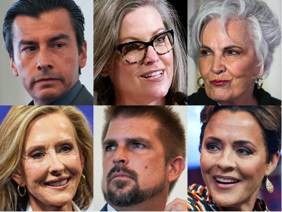 Arizona's 2022 governor candidates (top row): Marco Lopez, Katie Hobbs, Paola Tulliani Zen; (bottom row) Karrin Taylor Robson, Scott Neely, Kari Lake