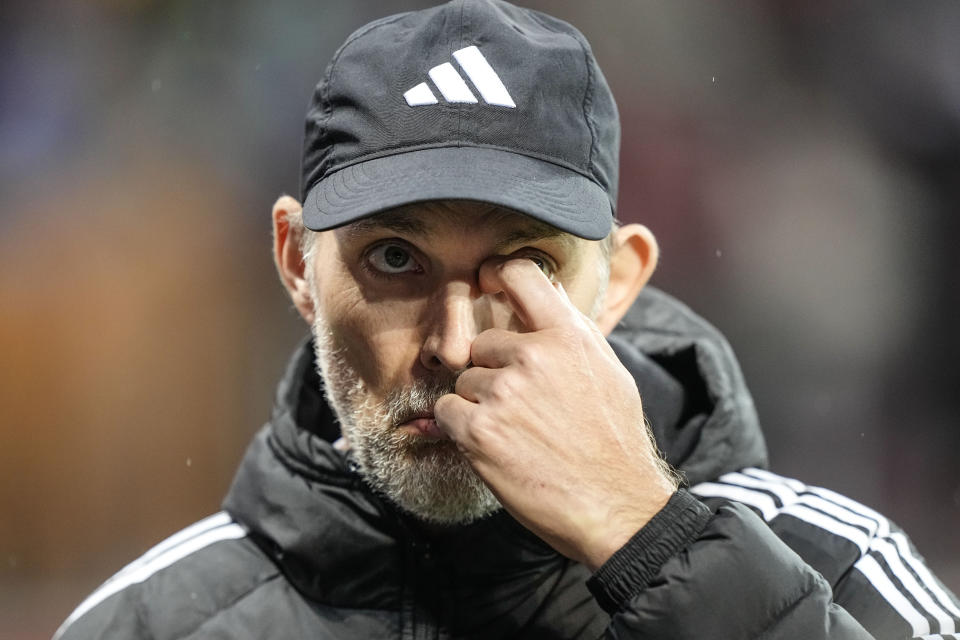 Bayern's head coach Thomas Tuchel reacts prior the German Bundesliga soccer match between Bayer Leverkusen and Bayern Munich in Leverkusen, Germany, Saturday Feb. 10, 2024. (AP Photo/Martin Meissner)