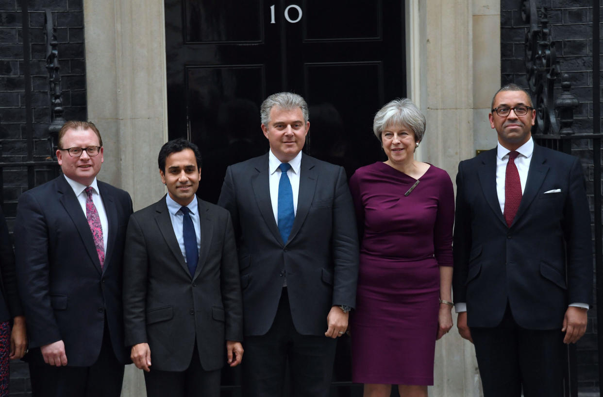 (CCHQ vice chair for local government Marcus Jones, CCHQ vice chair for communities Rehman Chishti, Conservative Party chairman Brandon Lewis, prime minister Theresa May and Conservative deputy chairman James Cleverly (PA)