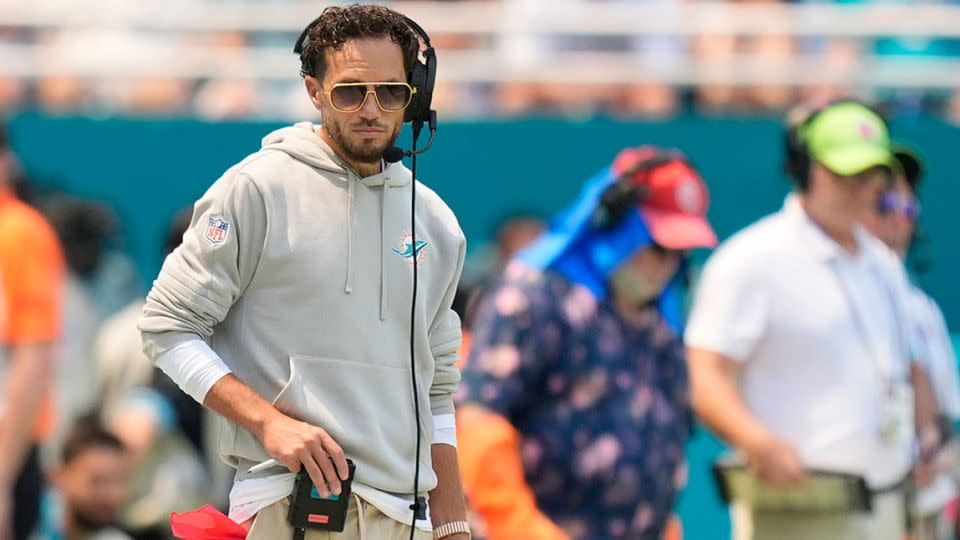 Miami Dolphins head coach Mike McDaniel watches from the sideline during the first half of his team's game against the Jacksonville Jaguars on Sunday in Miami Gardens, Fla. - Rebecca Blackwell/AP