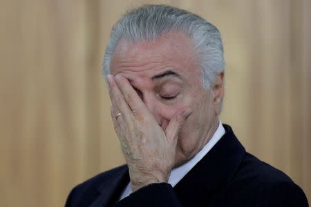 Brazilian President Michel Temer reacts during a credentials presentation ceremony for several new top diplomats at Planalto Palace in Brasilia, Brazil June 26, 2017. REUTERS/Ueslei Marcelino