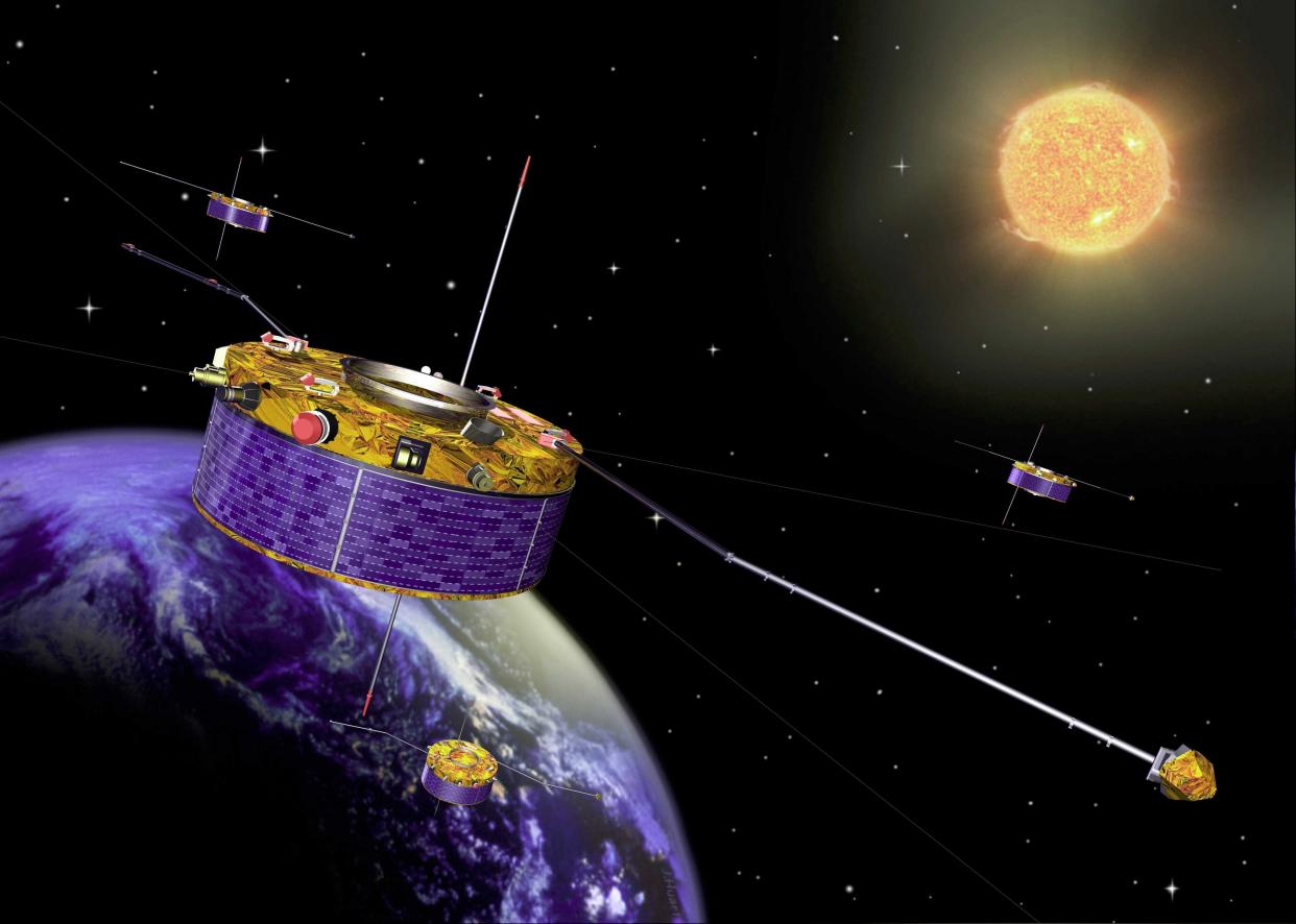 An artist's impression of the Cluster mission comprises four satellites: Salsa, Rumba, Samba and Tango