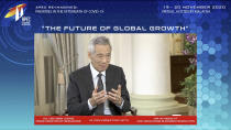In this image from video released by APEC CEO Dialogues Malaysia 2020, Singapore's Prime Minister Lee HSein Loong, speaks at a CEO Dialogue forum via video link, ahead of the Asia-Pacific Economic Cooperation (APEC) leaders' summit, hosted by Malaysia, in Kuala Lumpur, Malaysia, Thursday, Nov. 19, 2020. (APEC CEO Dialogues Malaysia 2020 via AP)