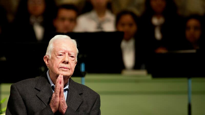 Former President Jimmy Carter teaches Sunday School class at Maranatha Baptist Church in his hometown, Aug. 23, 2015, in Plains, Ga. In the year since Carter first entered home hospice care, the 39th president has celebrated his 99th birthday, enjoyed tributes to his legacy and outlived his wife of 77 years. Rosalynn Carter, who died in November 2023 after suffering from dementia, spent just a few days under hospice.