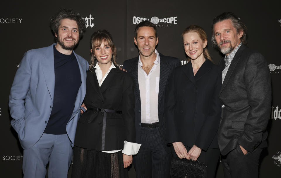 Philip Ettinger, from left, Maya Hawke, Alessandro Nivola, Laura Linney, and Ethan Hawke attend the premiere of "Wildcat", hosted by Dior and The Cinema Society, at the Angelika Film Center on Thursday, April 11, 2024, in New York. (Photo by CJ Rivera/Invision/AP)