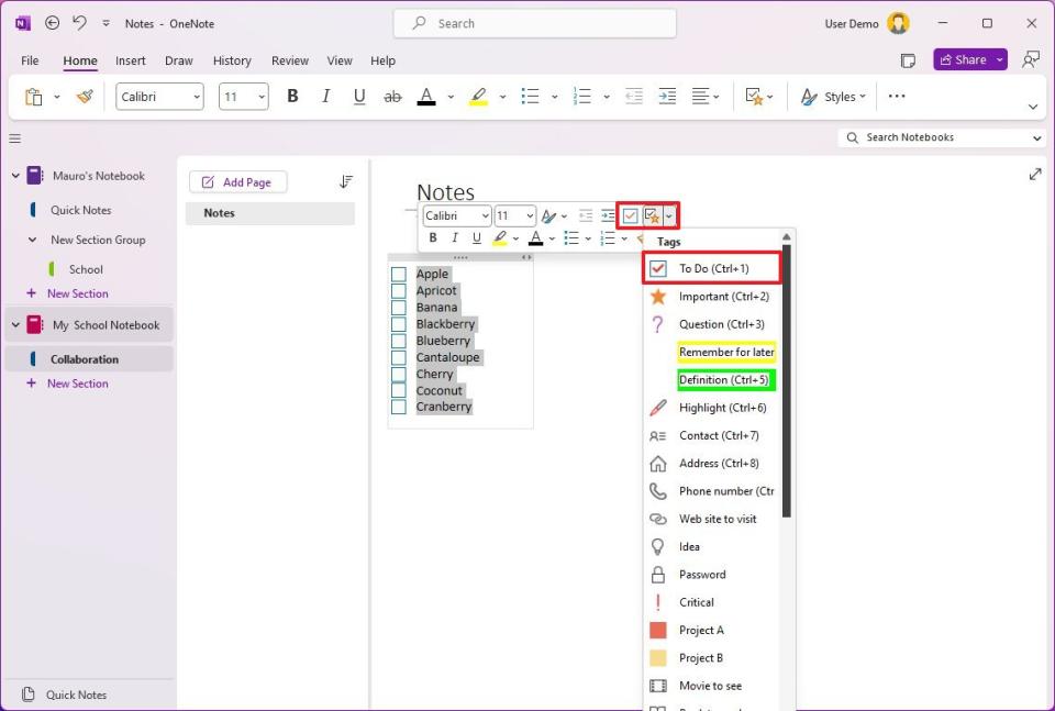 OneNote create list