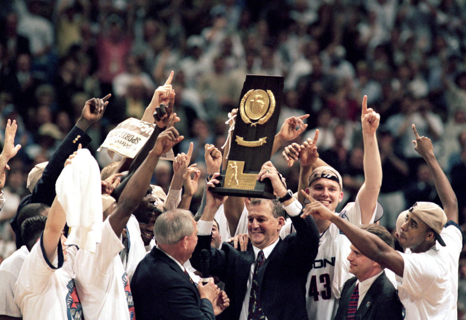 UConn, then led by coach Jim Calhoun, beat Duke to win its first NCAA championship in 1999. The Huskies went on to win four more titles in the next 24 years. (Andy Lyons/Getty Images)