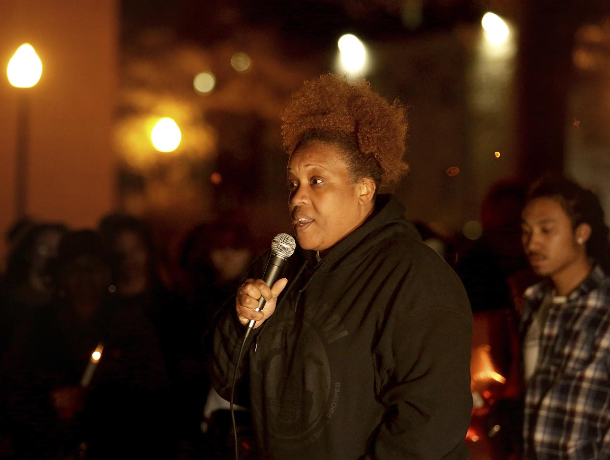 Moniiquekia Thompson speaks during a vigil for her daughter Sierra Jenkins Sunday, March 20, 2022, at Granby High School in Norfolk, Va. Jenkins, a reporter for the Virginian-Pilot died at a Norfolk hospital after being shot during a shooting early Saturday outside a restaurant and bar. (Stephen M. Katz/The Virginian-Pilot via AP)