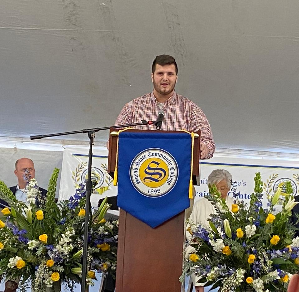 Snead State Community College student Jake Knighten spoke during groundbreaking ceremonies about the impact career tech education has had in his life.